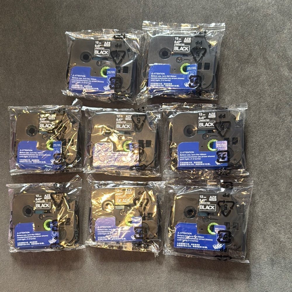 Label Maker Tape Black 12mm .47” Set of 8 Compatible with Brother P-Touch